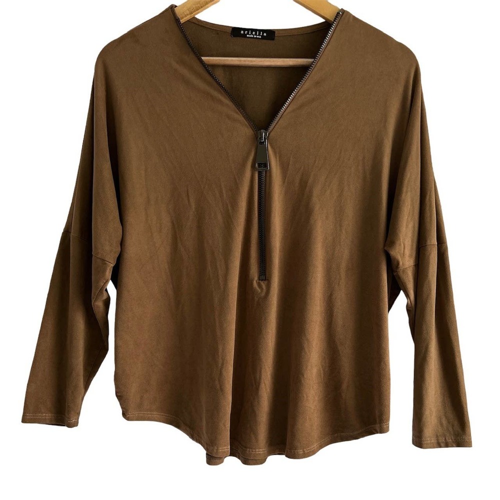 Ariella Womens Size‎ Small Brown Pullover Half Zip Suede Contemporary Top